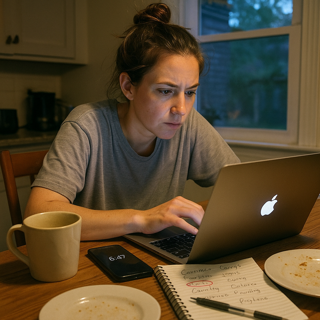 Mom at laptop in early morning light, researching San Diego summer camps