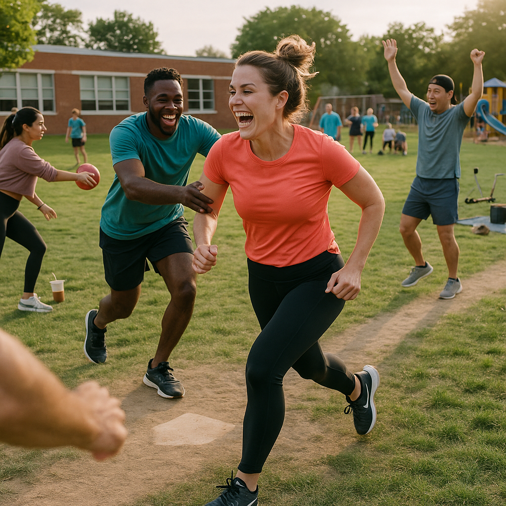 Millennial parents playing co-ed kickball on a suburban school field